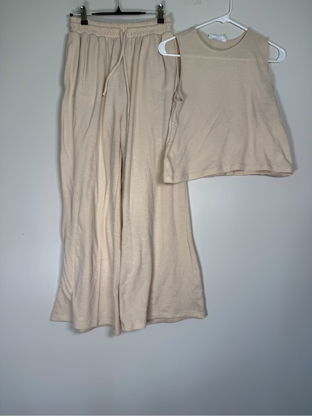 Double Zero Cream Sleeveless Crop Top & Wide-Leg Lounge Pants Set